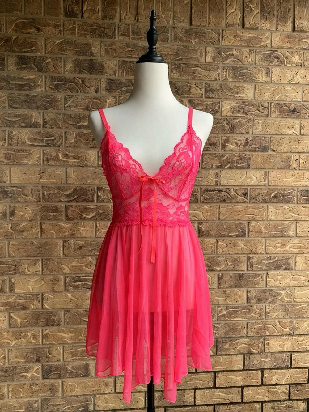 Stunning Pink Lace Babydoll Slip Dress - Hot Pink Mesh Negligee Chemise - Y2K